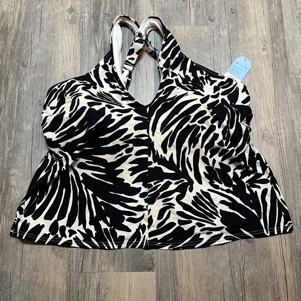 Lands' End Swimsuit Tankini Top Black Egret White Leaf Scroll Criss Cross 18W